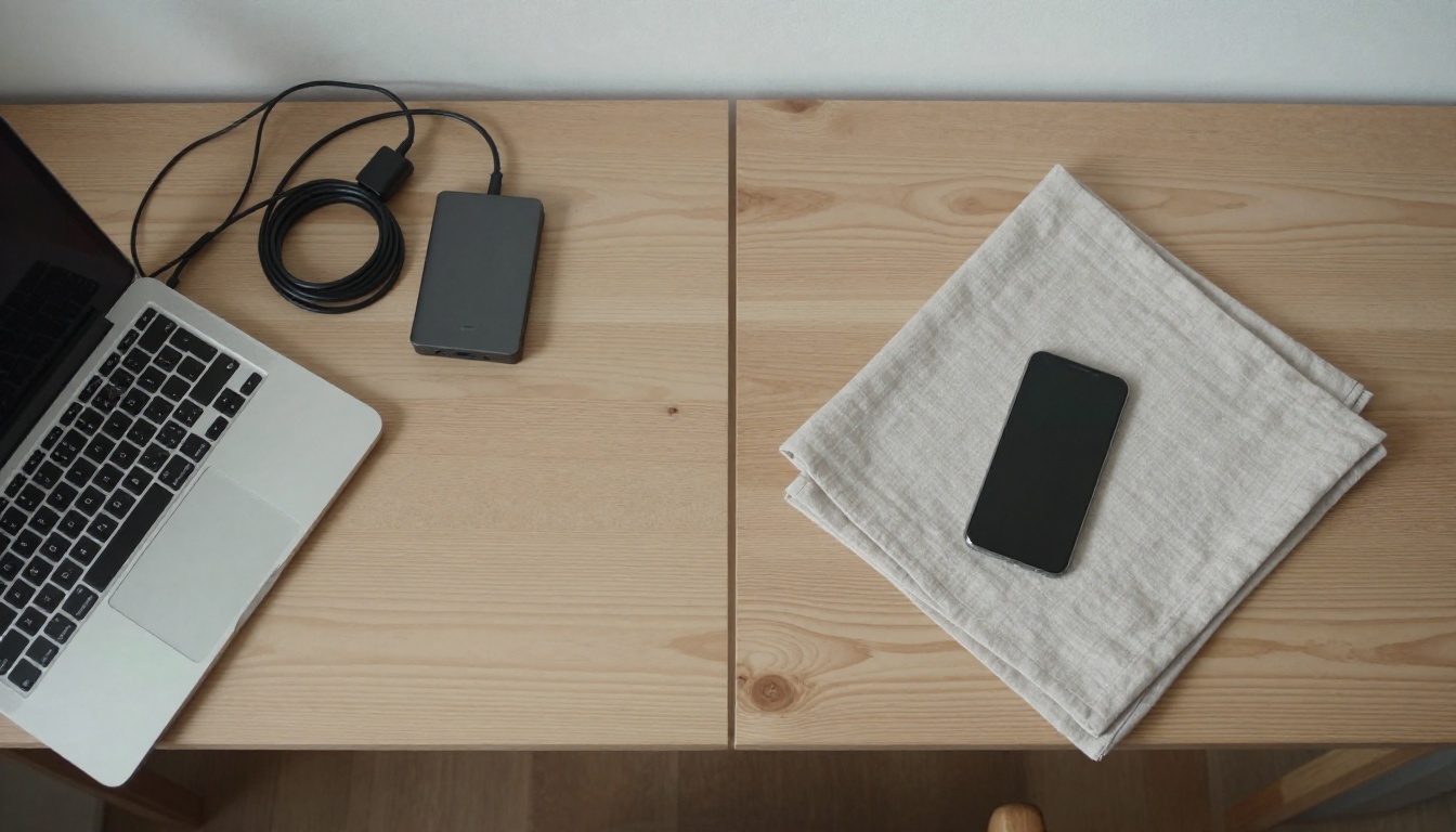 Overhead view of a laptop with tangled cables beside a single phone on linen