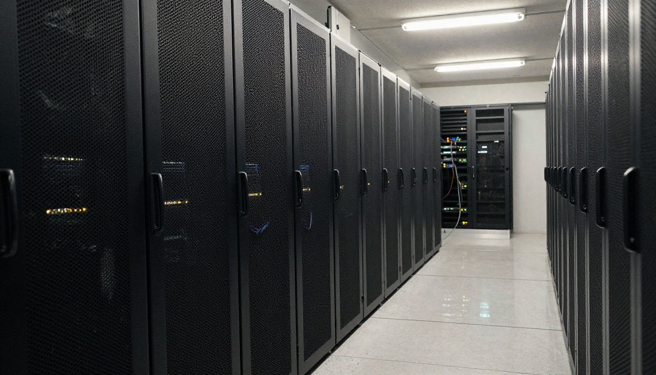 Long aisle of black server racks in a data center