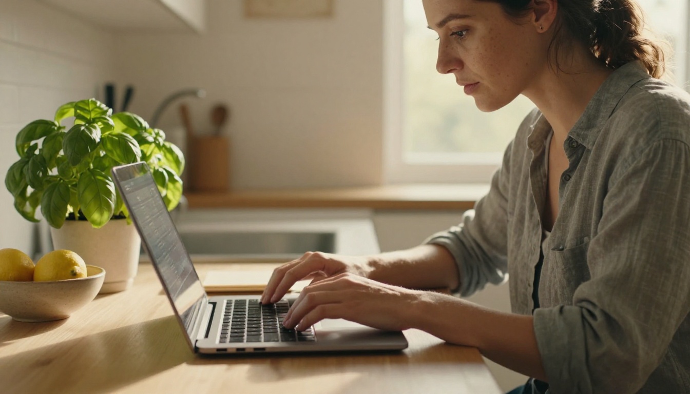 Woman reading her laptop at a sunlit kitchen table