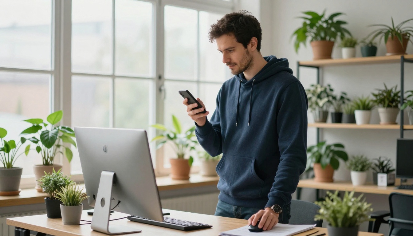 Man standing at a desk with a phone and mouse in a bright co-working space