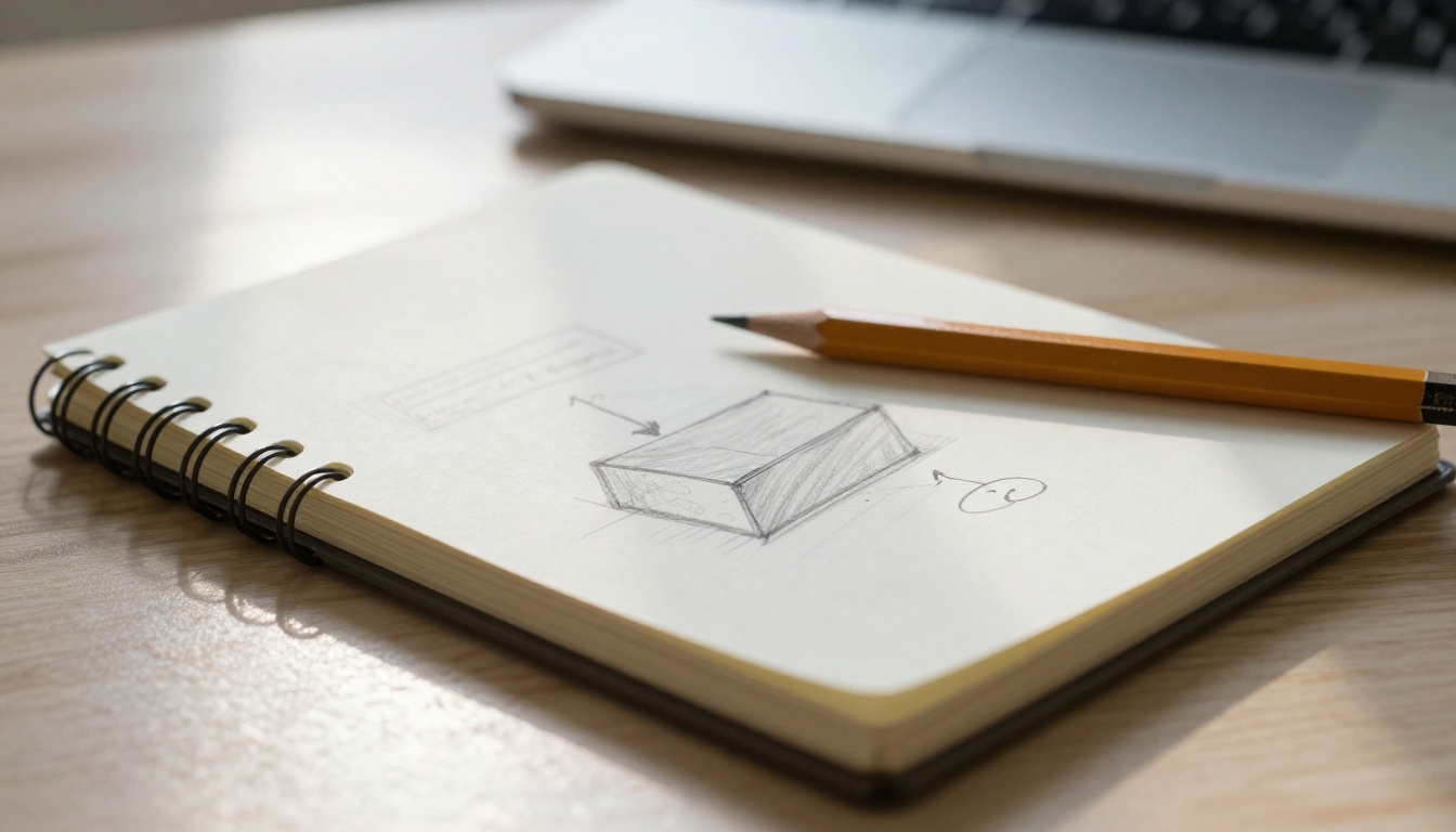 Notebook with a hand-drawn box and arrow sketch on an oak table