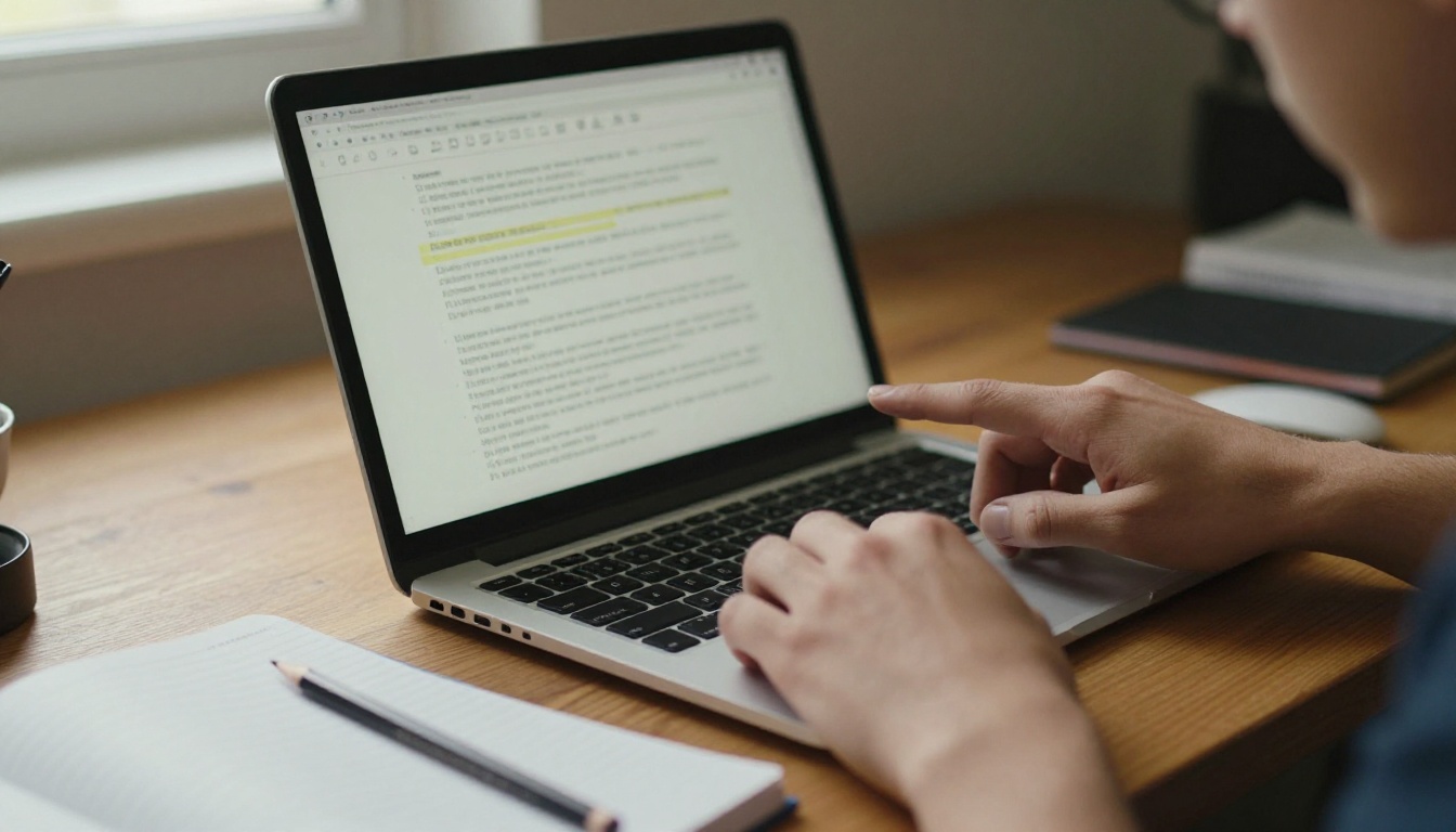 Developer pointing at a laptop screen showing one highlighted line of text