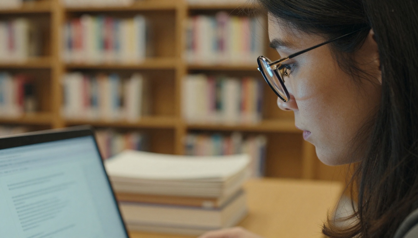Woman reading documentation on a laptop in a quiet library