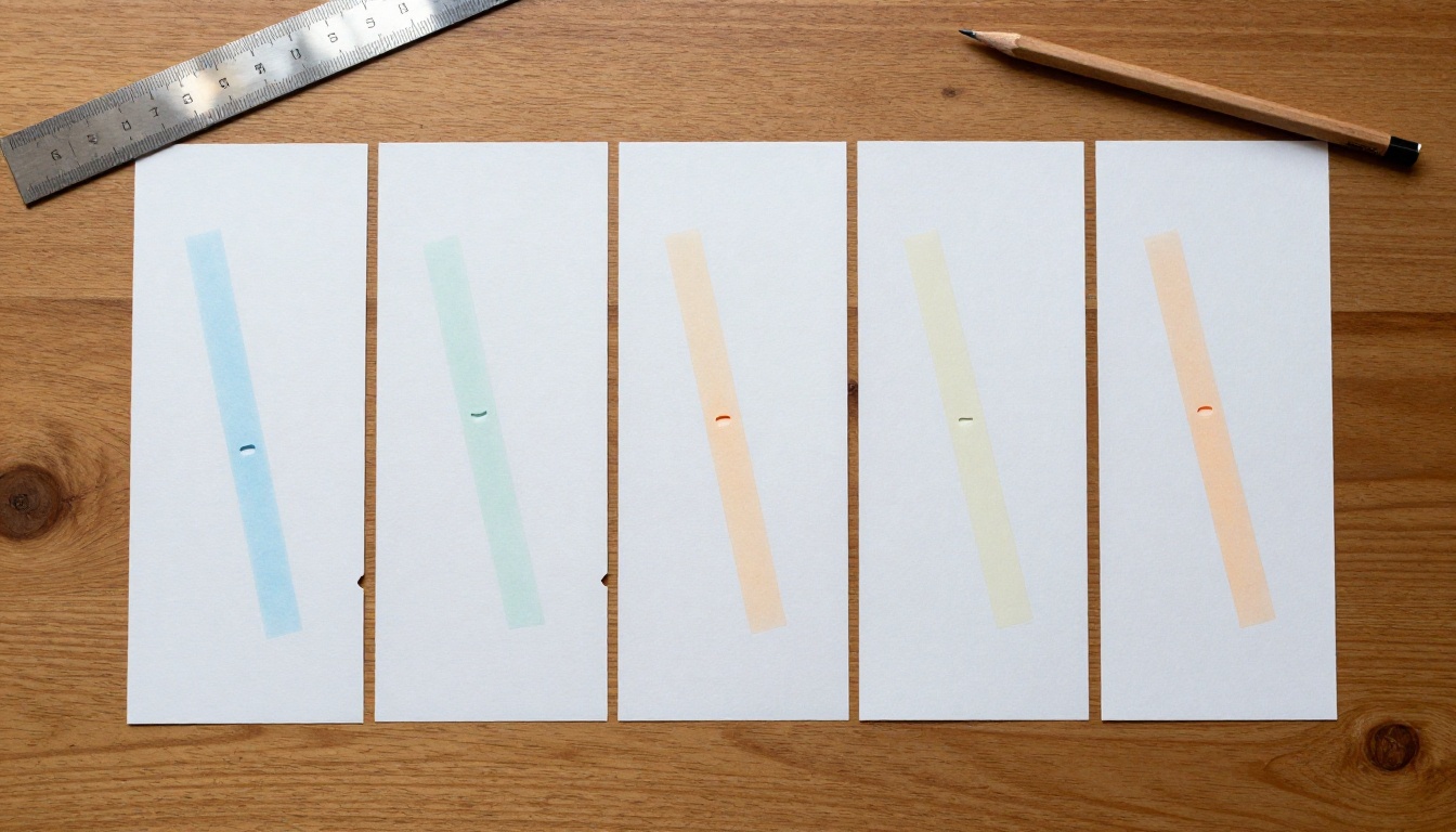 Strip of white paper cut into five pieces on a pine desk