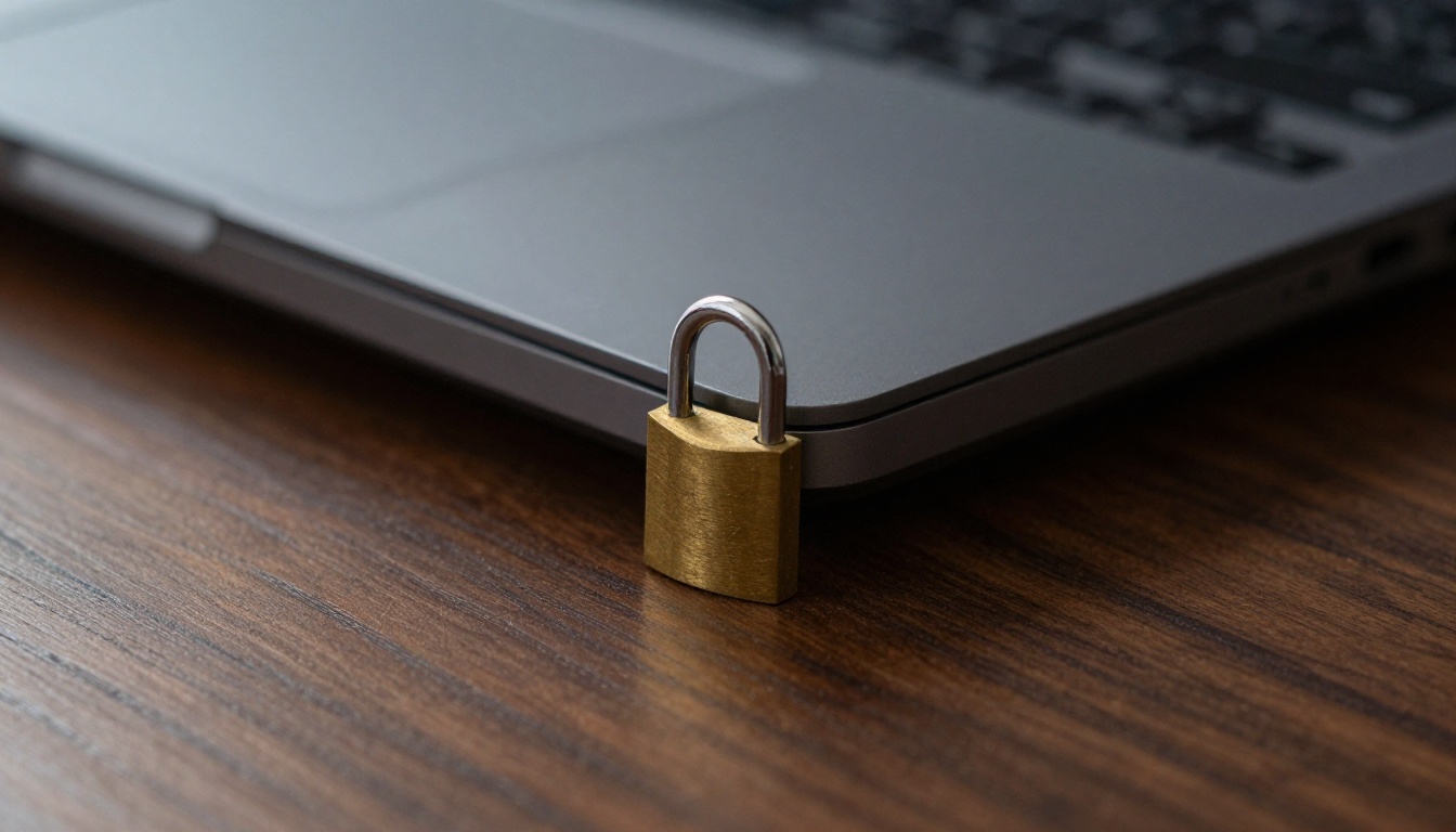 Brass padlock resting on a closed laptop