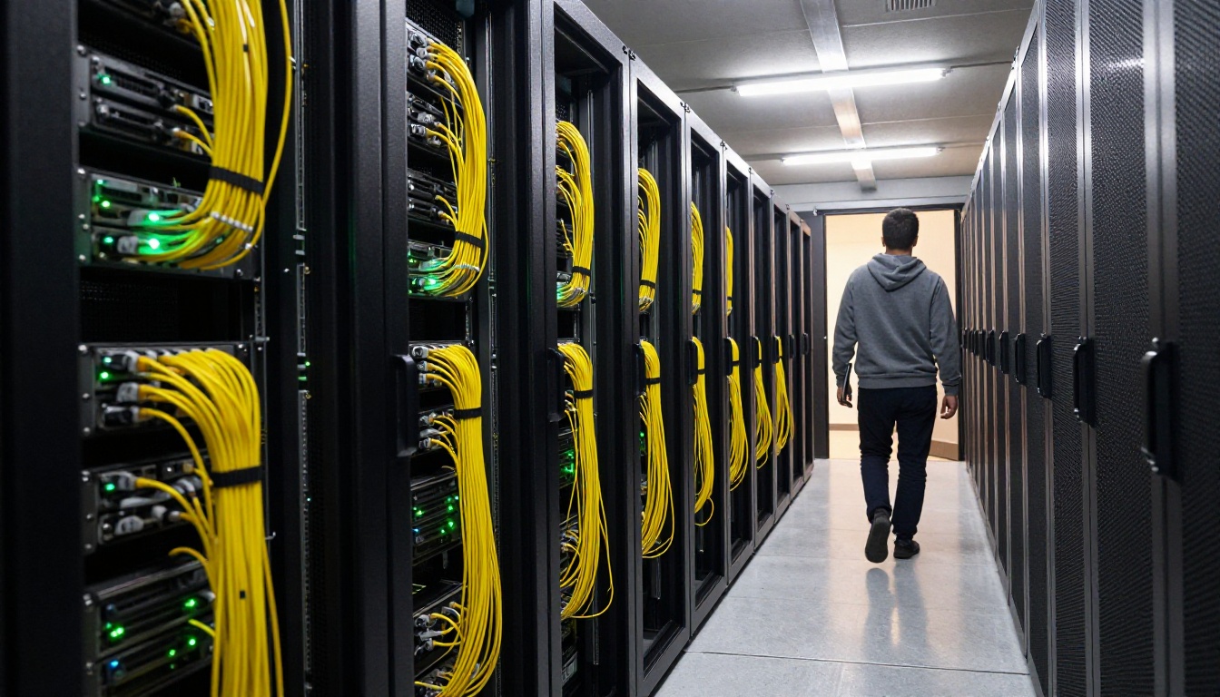 Quiet data center aisle with a technician walking away