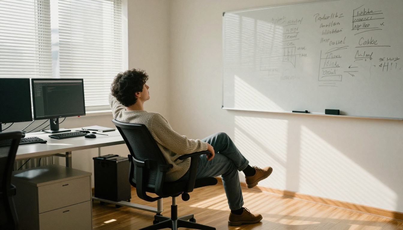 Developer leaning back in a chair and looking at a monitor