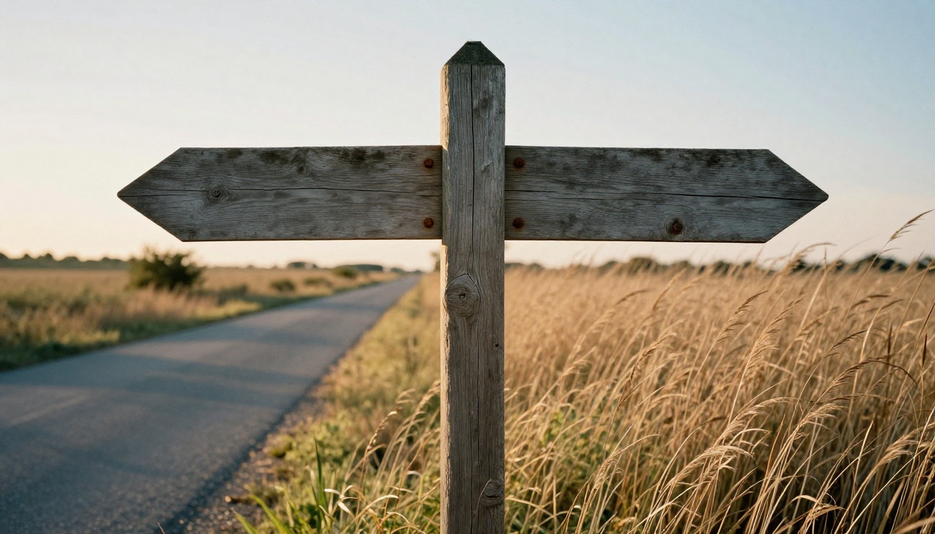 Wooden signpost at a fork in a country road