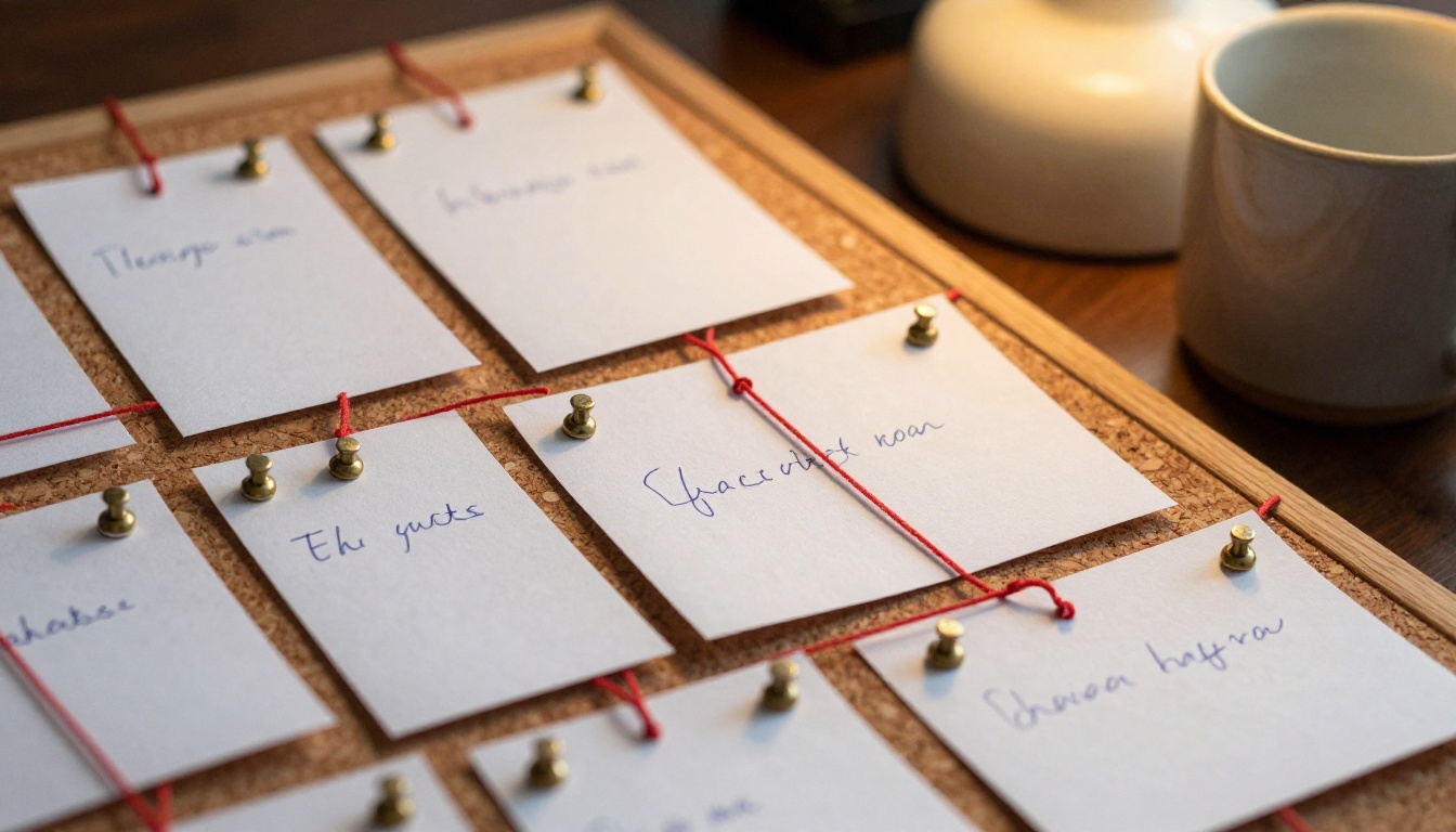 Cork board with index cards linked by red string