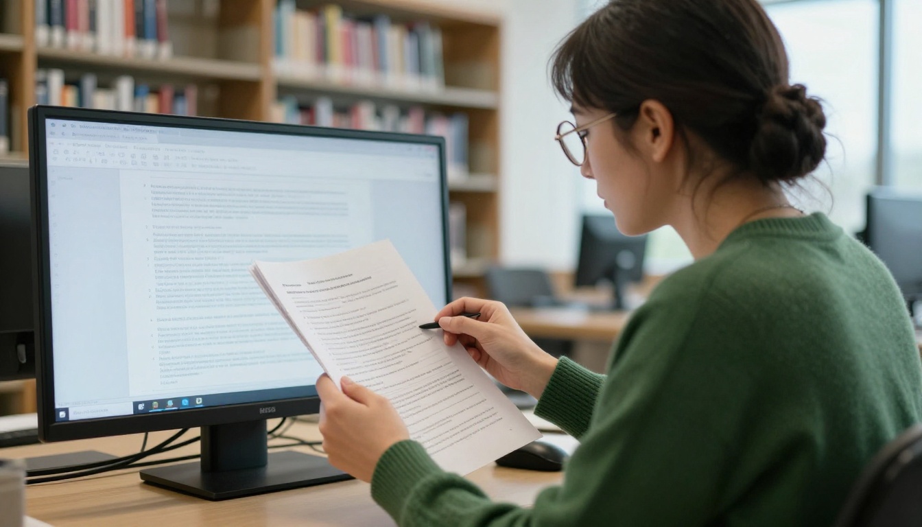 Woman reading a long documentation page in a bright library