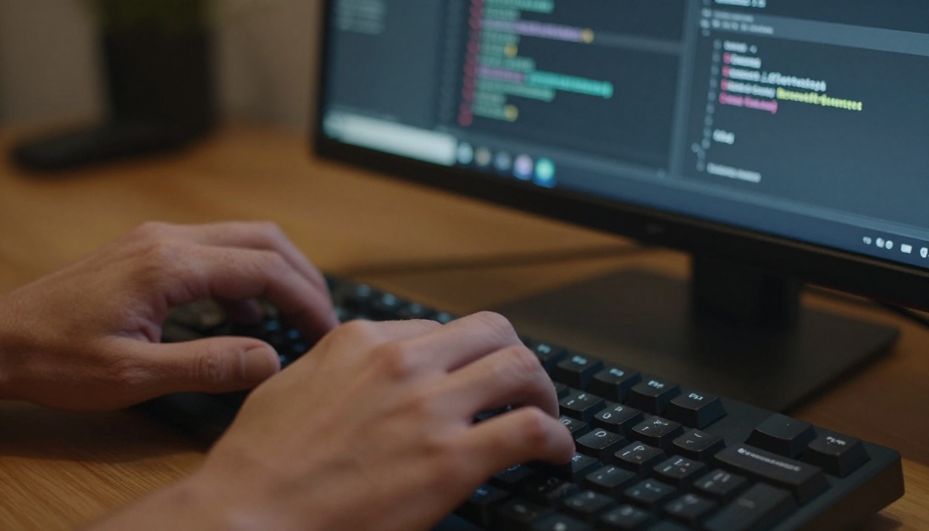 Hands typing in a code editor in warm lamp light