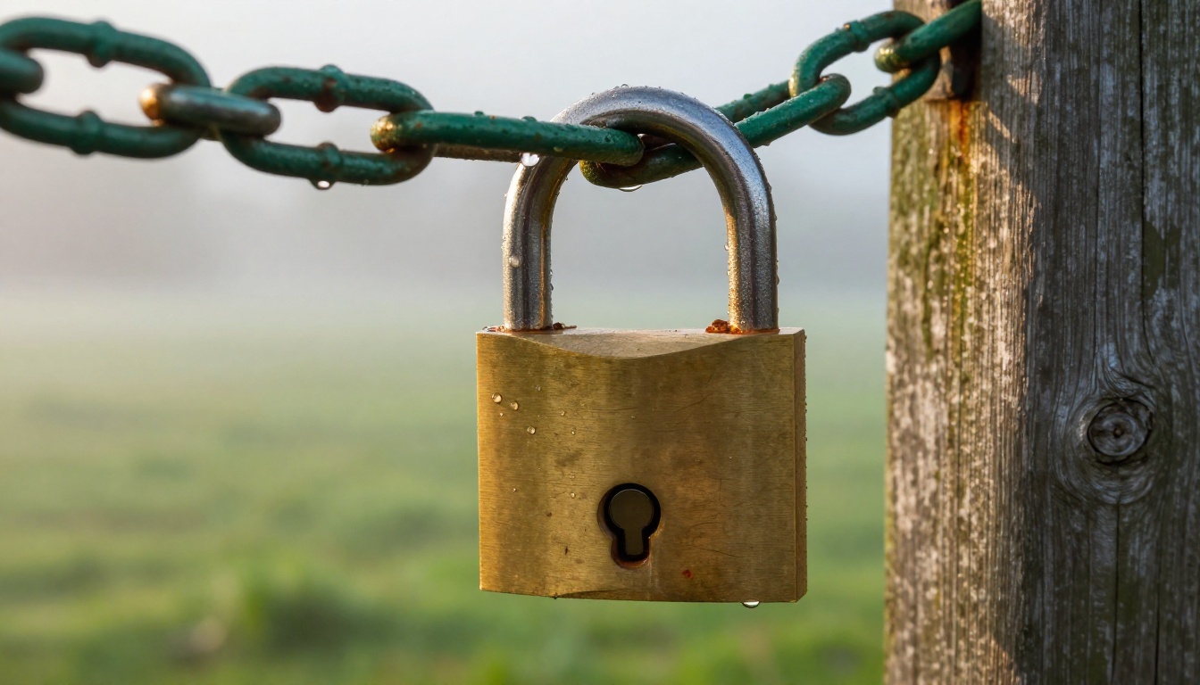 Brass padlock on a chain across a wooden gate