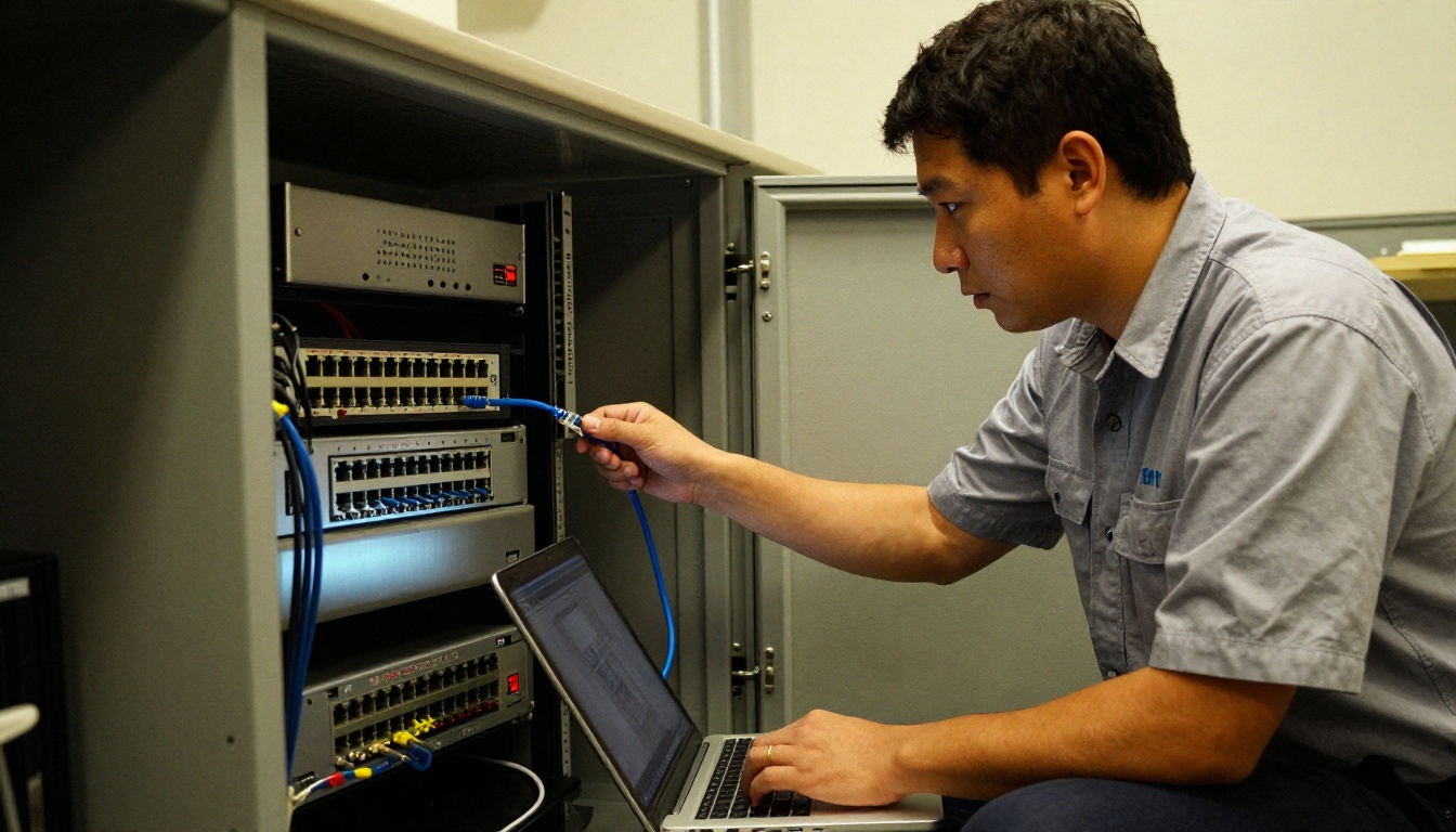 Engineer crouched beside a network cabinet checking a cable