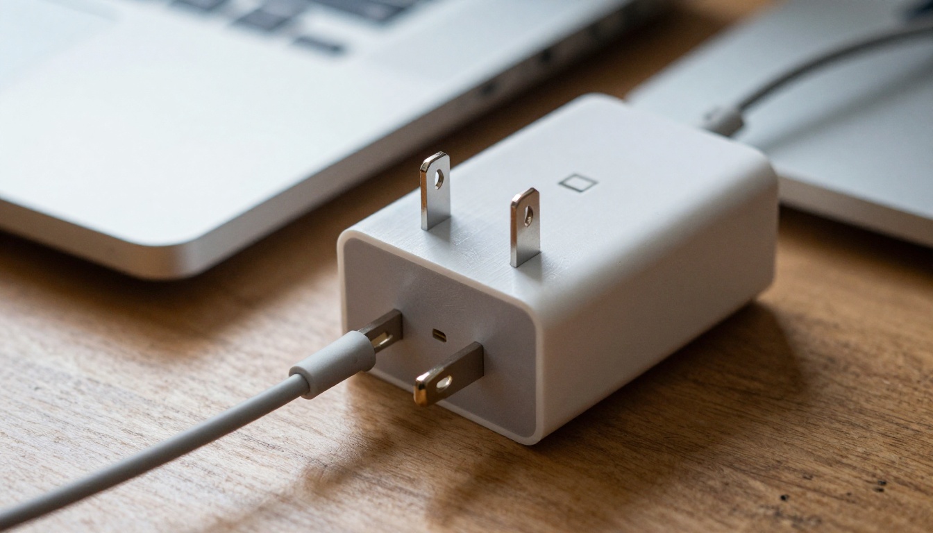 A universal travel power adapter with several plug prongs extended, resting beside a closed laptop on a walnut table