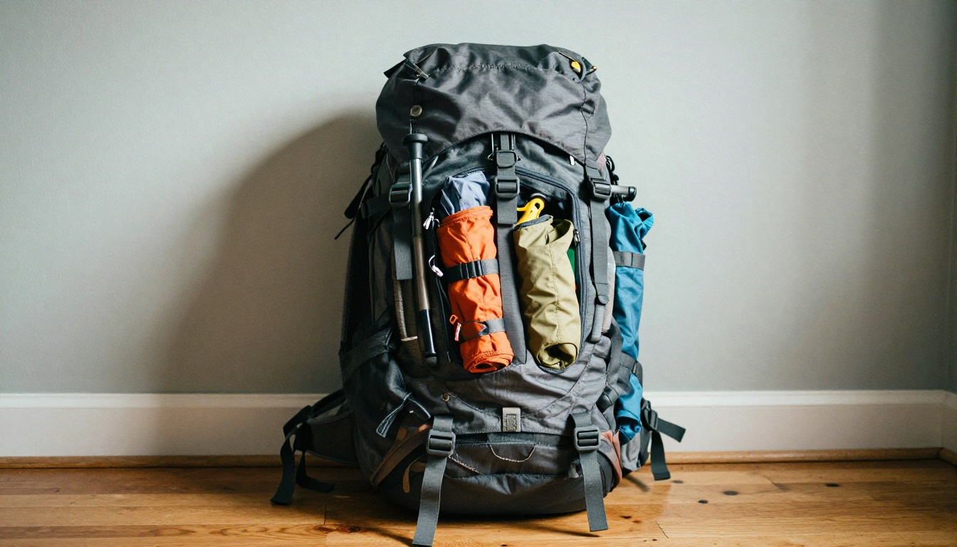 Low angle view of an overstuffed hiking backpack with straining zippers leaning against a grey wall