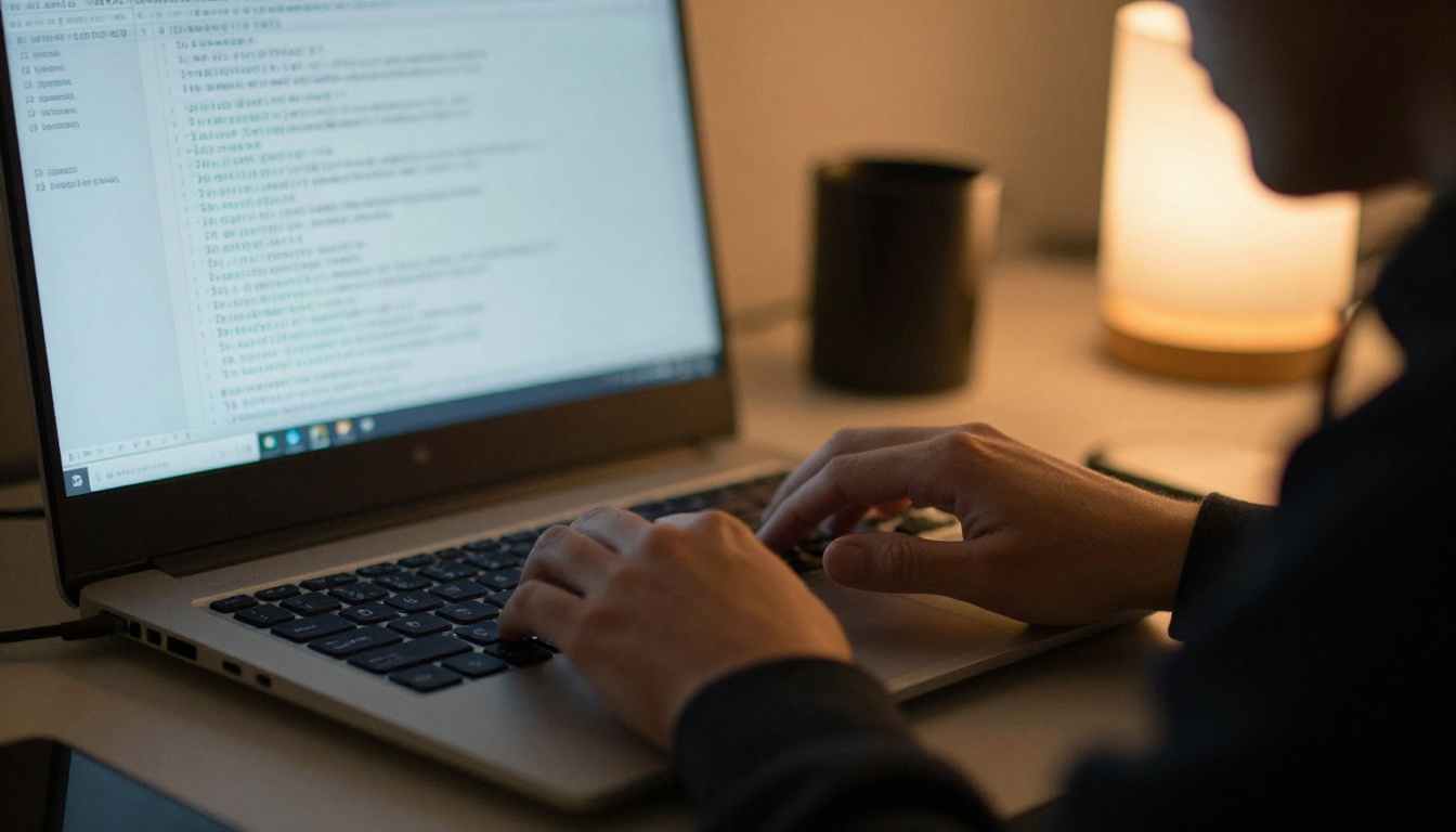 Over the shoulder view of a developer typing on a mechanical keyboard in a dim home office at dusk