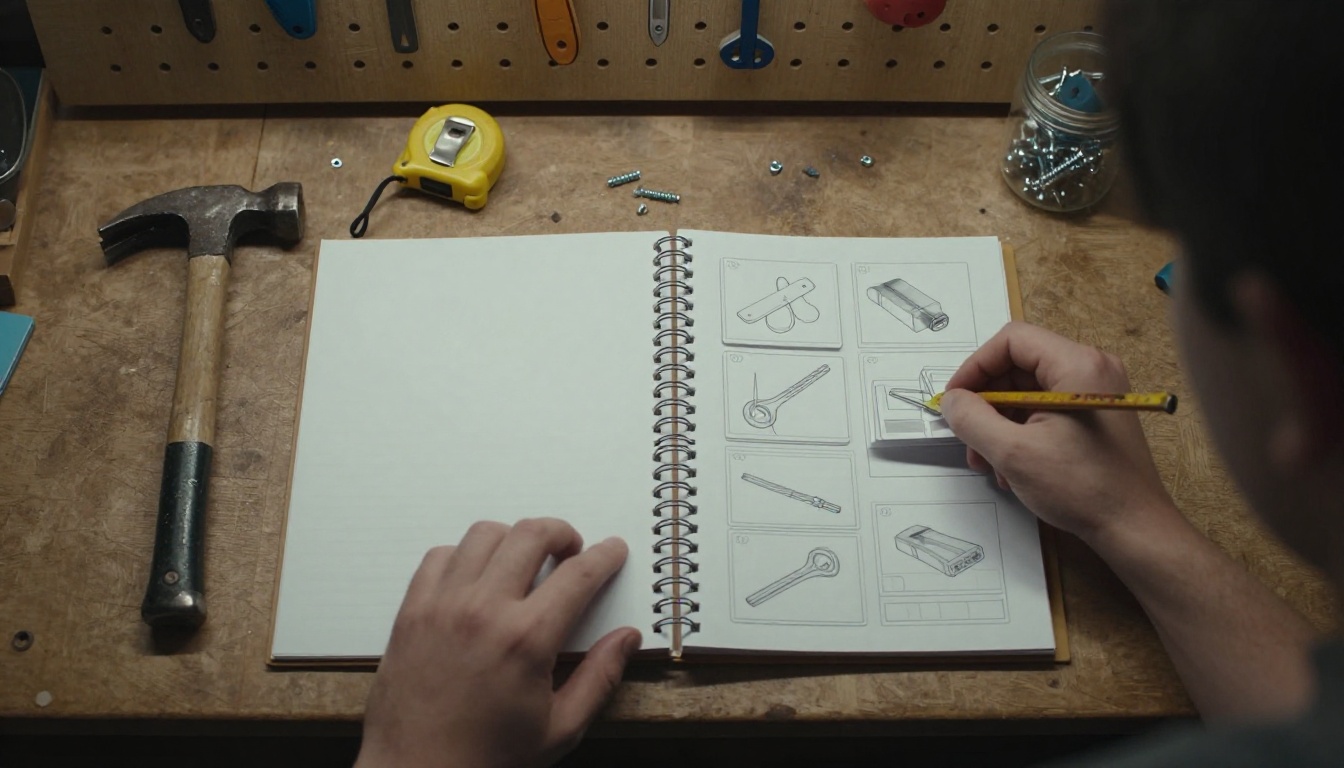 Top down view of hands flipping through a thick binder of laminated step by step cards on a workshop bench