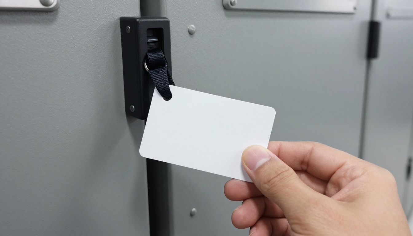 A hand holding a white access badge against a black card reader beside a heavy steel door in a data center corridor