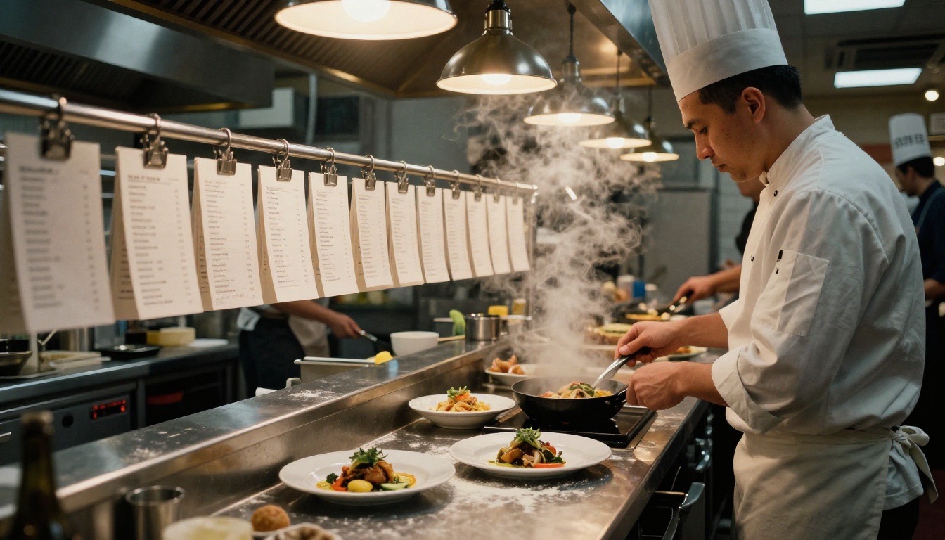 A busy restaurant kitchen pass with paper order tickets clipped along a steel rail while a chef plates a dish