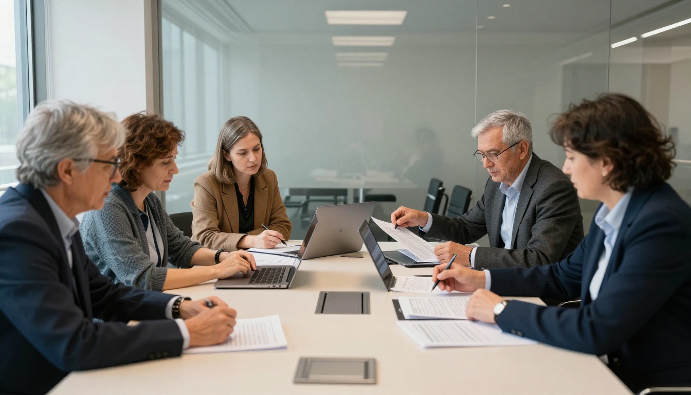 Four colleagues around a pale ash table reviewing printed pages and an open laptop in a bright meeting room