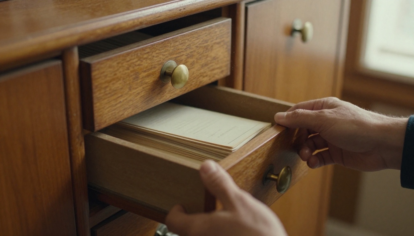A librarian's hand sliding open one drawer of an old oak card catalog while the other drawers stay closed