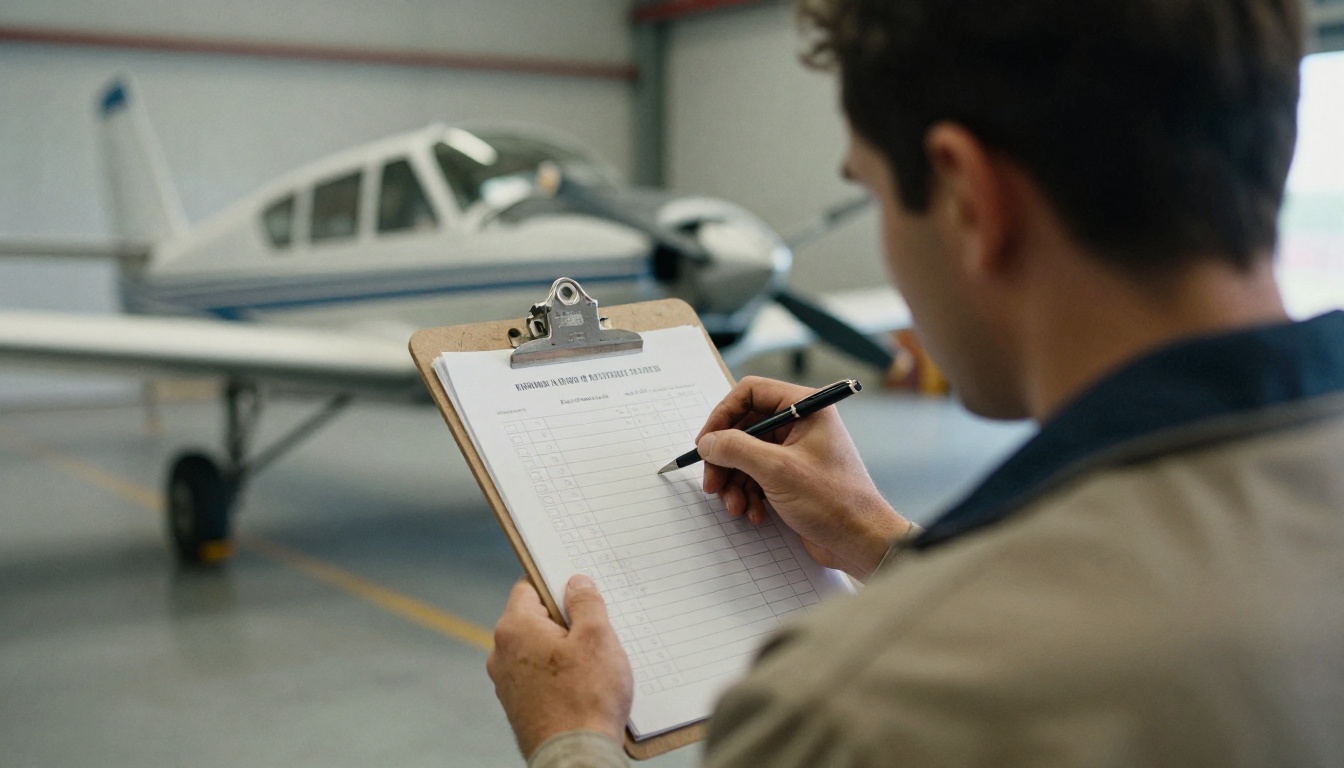 Over the shoulder view of an aircraft mechanic ticking boxes on a paper checklist clipped to an aluminium clipboard in a hangar