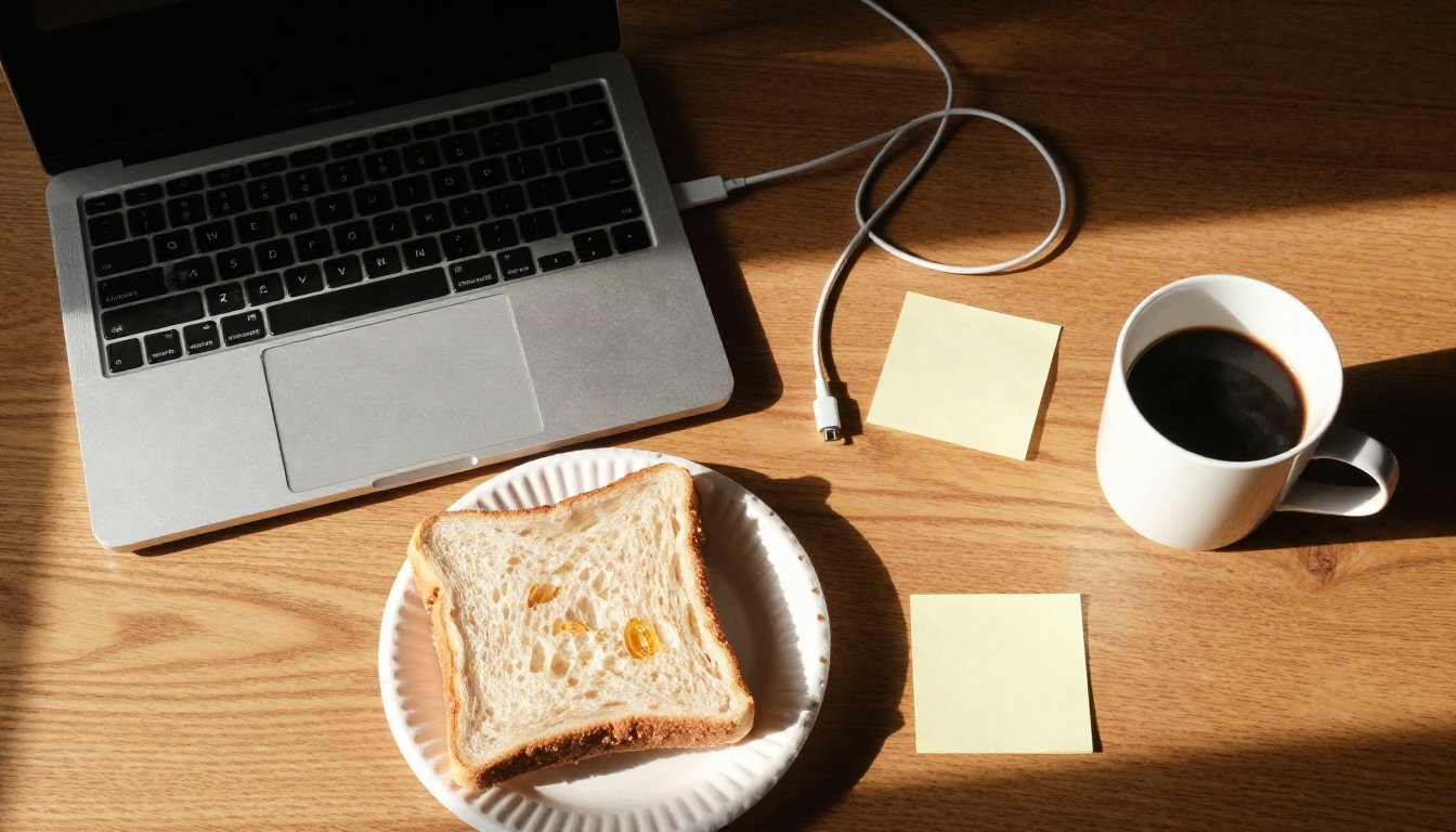Overhead view of a cluttered oak desk with a dark laptop, coffee and tangled charging cables at dawn