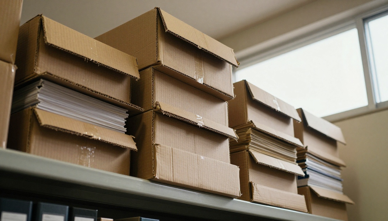 Low-angle view of tall stacks of heavy archive boxes and ring binders on a metal shelf