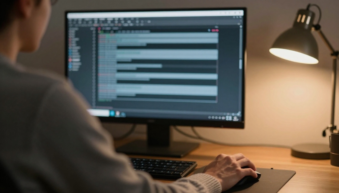 Over-the-shoulder view of a developer studying a dark terminal with blurred horizontal bars on a large monitor