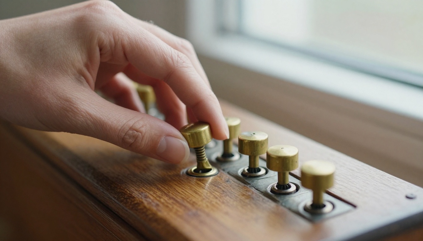 Close-up of a hand flipping one brass toggle switch in a row of switches on an aged wooden panel