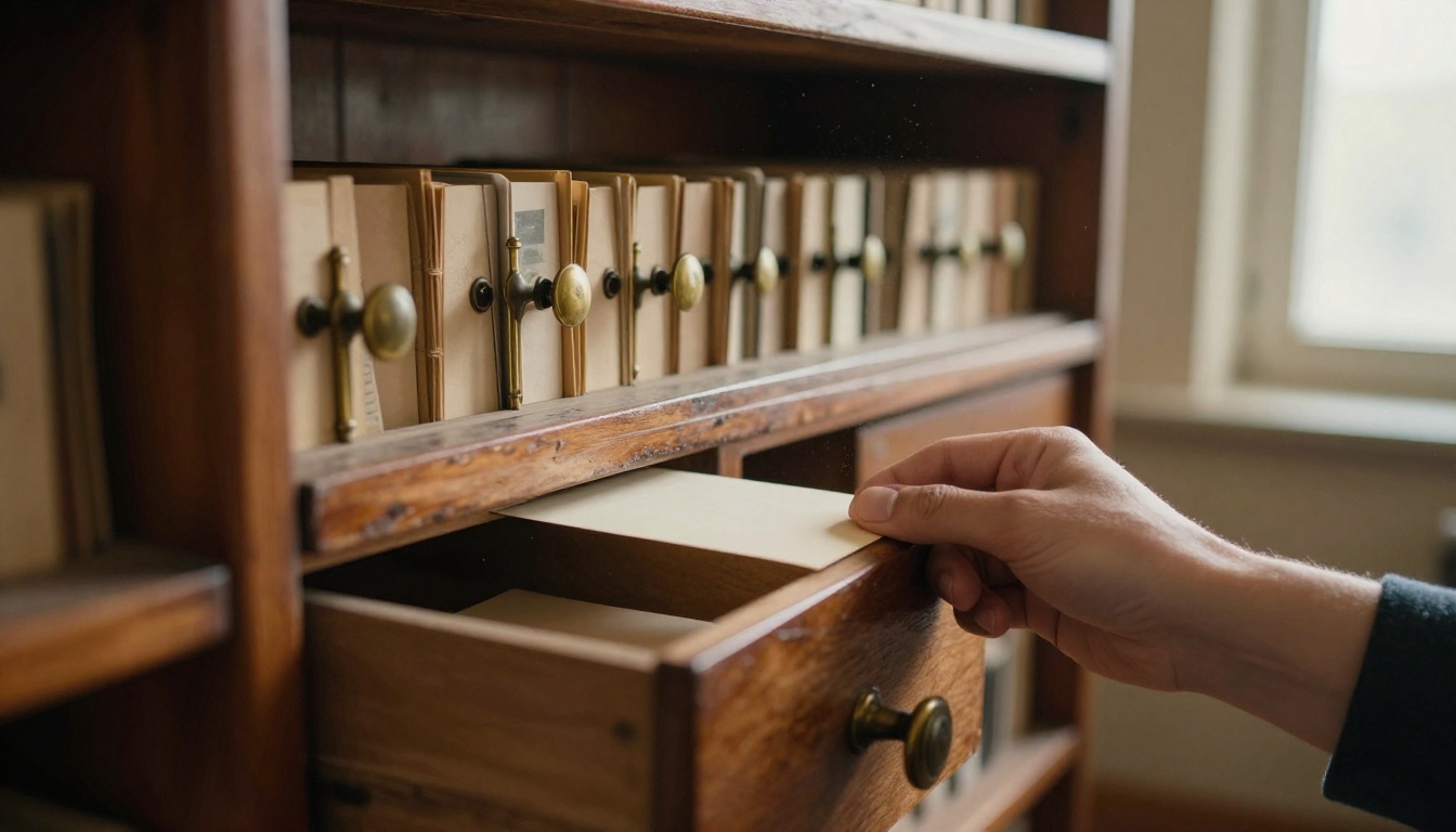 Low-angle view of an antique wooden card catalog with one drawer open and a hand lifting a single blank index card