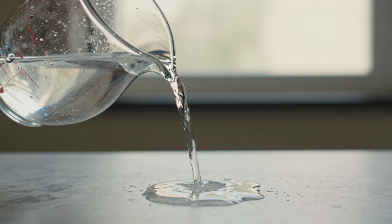 Side-view macro of clear water pouring from a glass pitcher into a measuring jug just starting to overflow