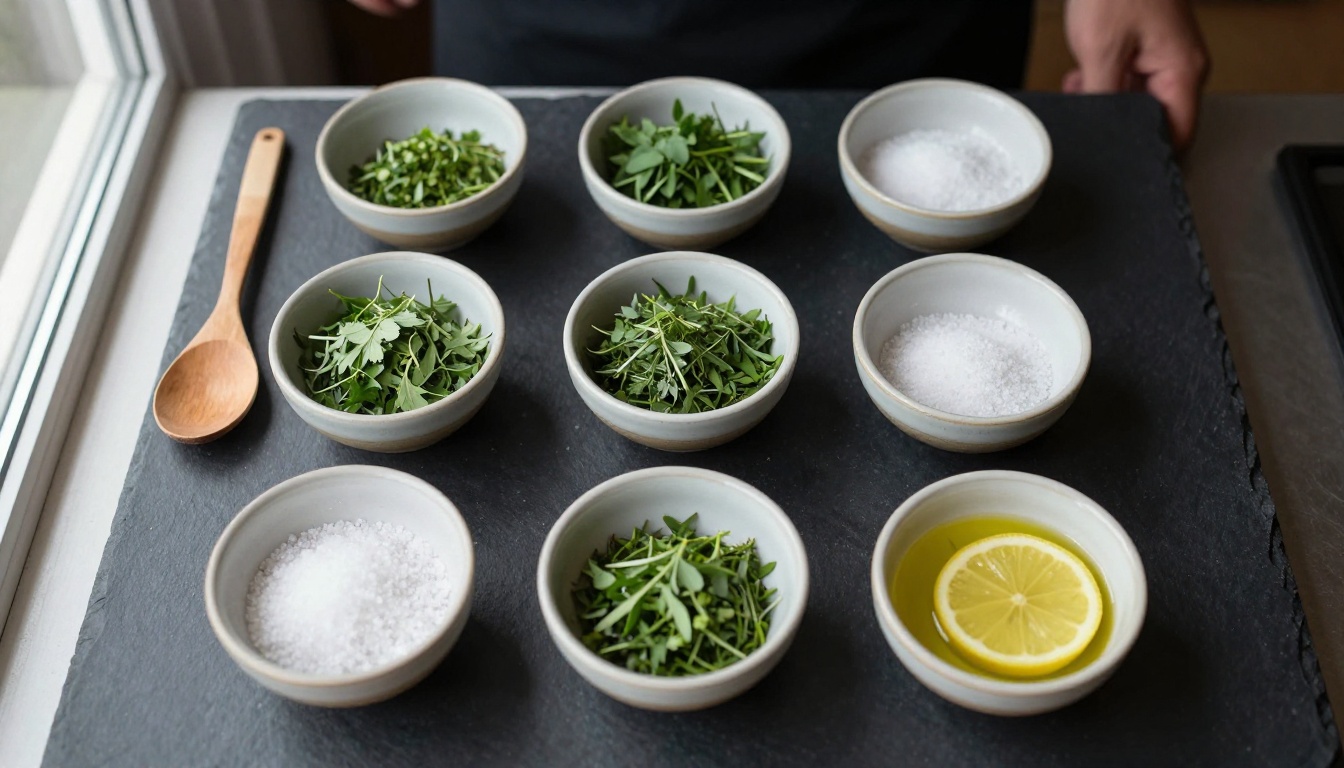 Top-down view of a chef's mise en place with small ceramic bowls arranged in a neat grid on dark slate