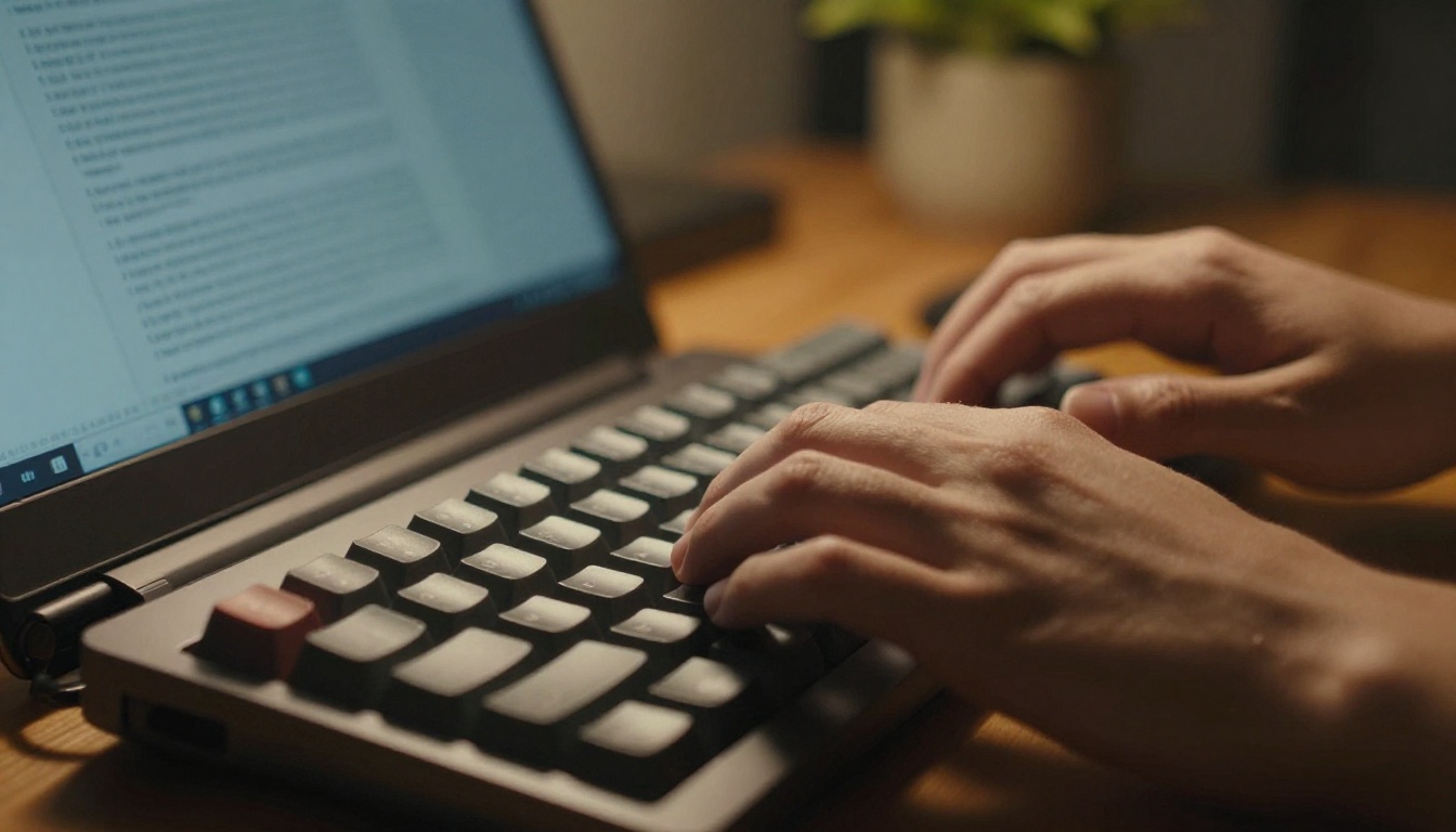 Close-up of two hands typing in a dim workspace with a small plant in the background