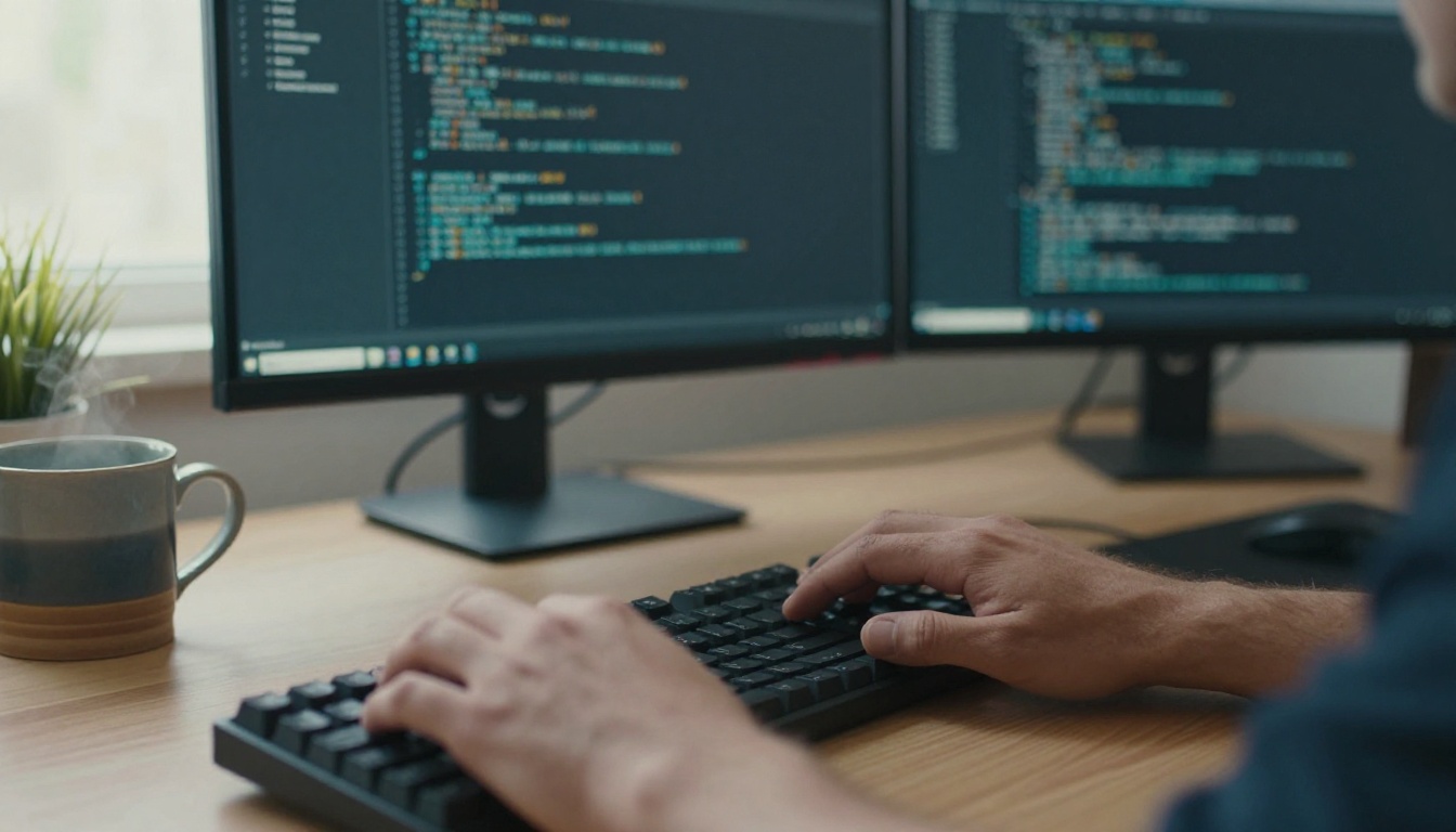 Developer hands typing at a desk in a quiet home office with two blurred monitors