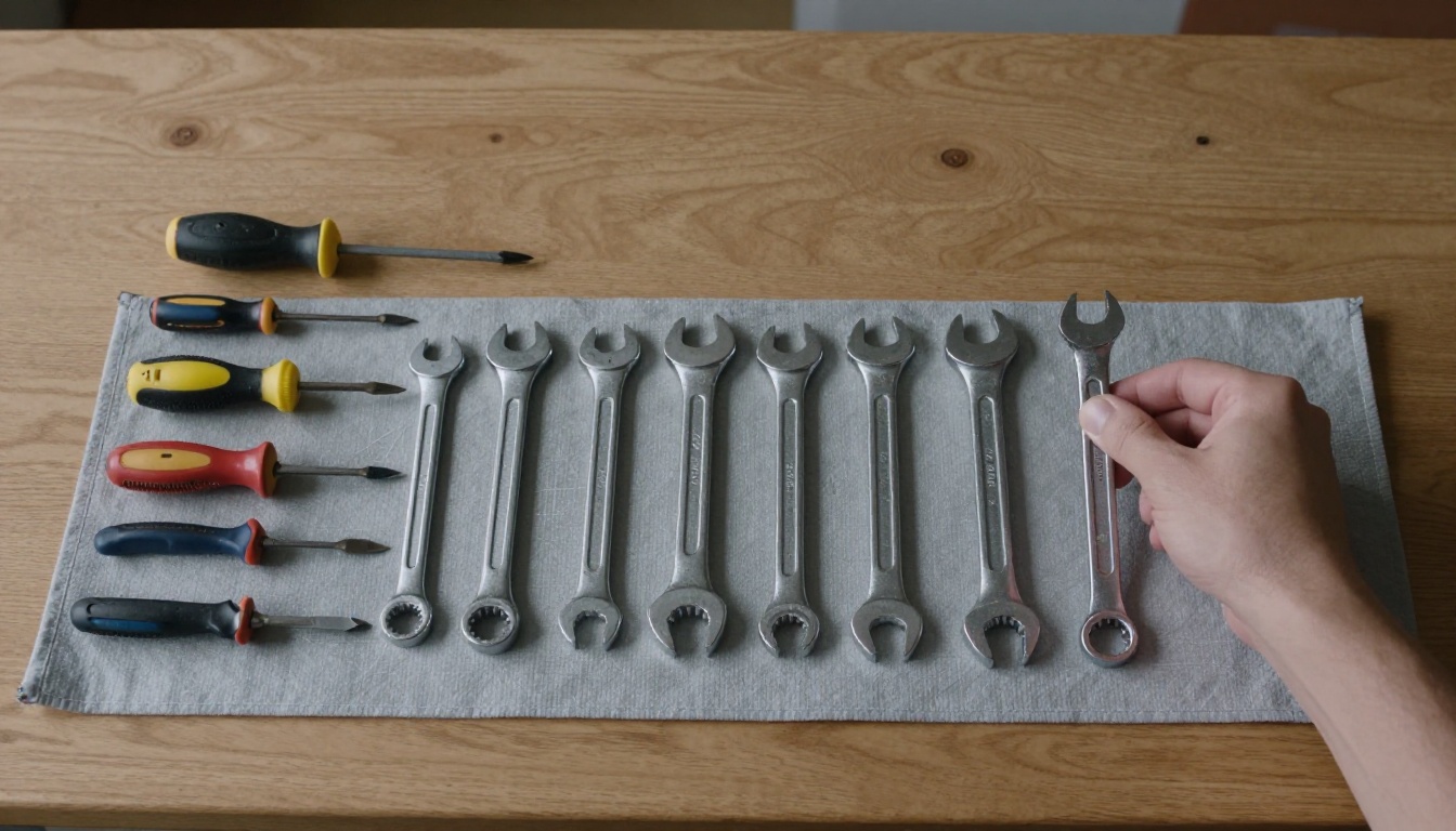 Top-down view of hand tools laid out in full rows on an oak workbench