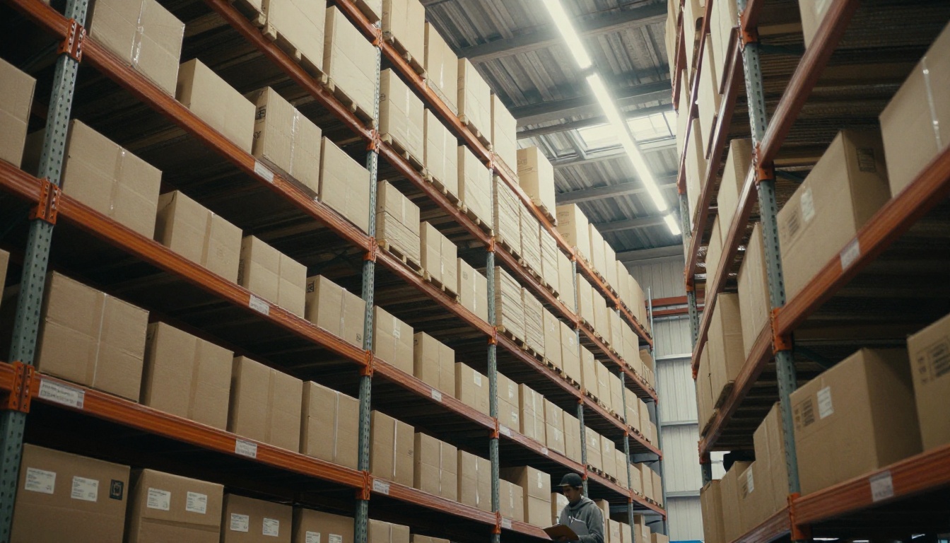 Low-angle view of a warehouse aisle with shelves filled to the top with boxes