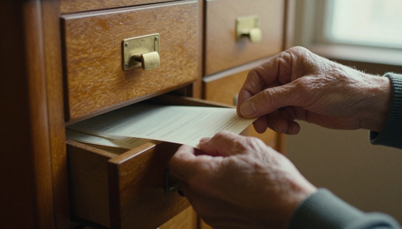 Librarian pulling a single index card from one drawer of a wooden card catalog