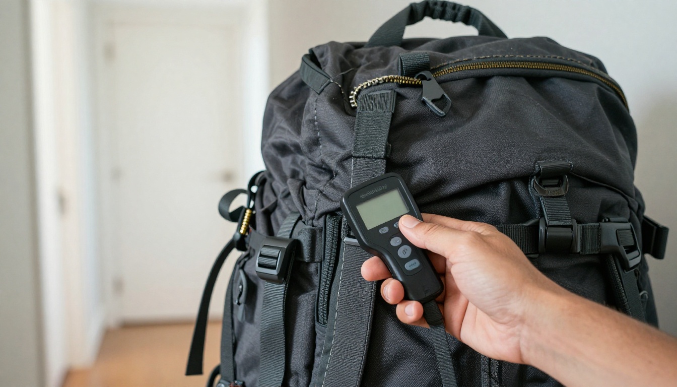 Packed hiking backpack hanging from a handheld luggage scale
