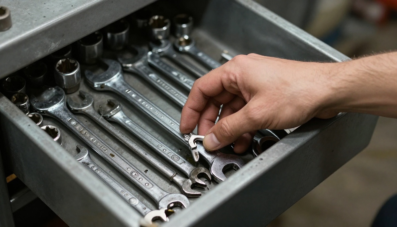Mechanic's hand hovering over a drawer full of nearly identical wrenches