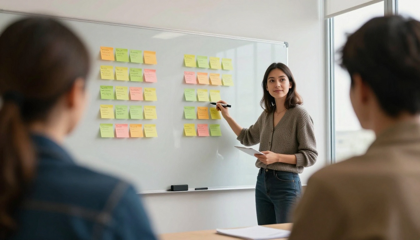 Project lead at a whiteboard with sticky notes grouped into three clusters