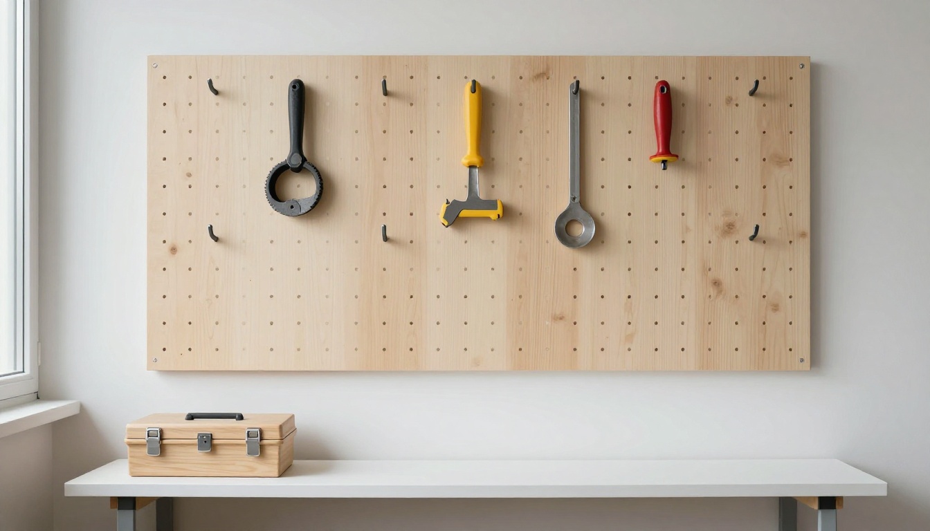 Minimalist workshop wall with a pegboard holding exactly nine tools