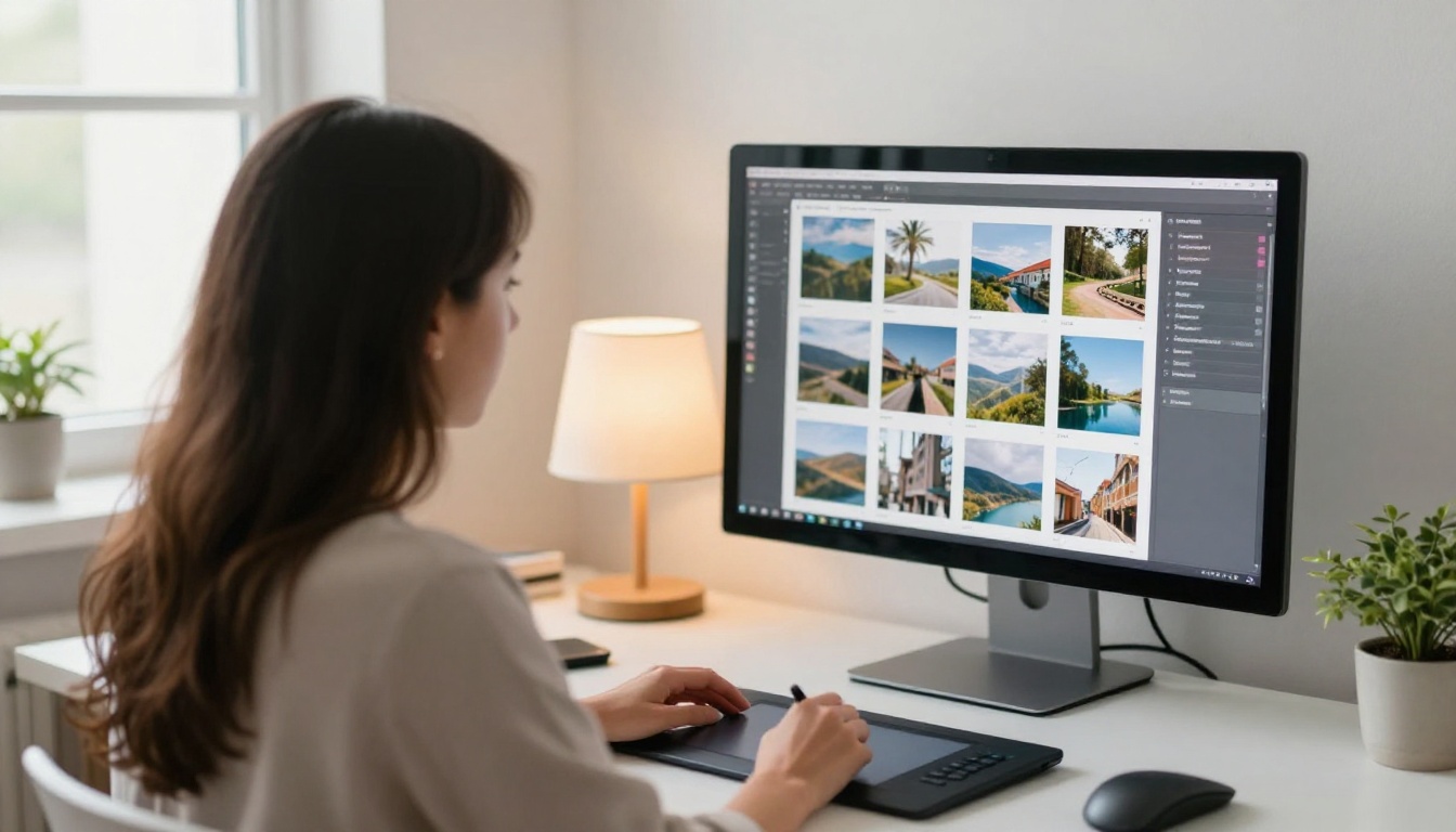 Designer reviewing a grid of landscape photos on a large monitor in a bright studio