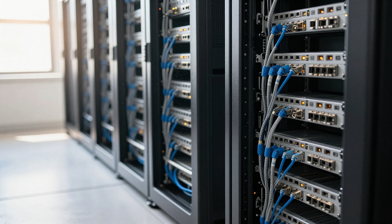 Rows of identical server racks in a bright data center aisle