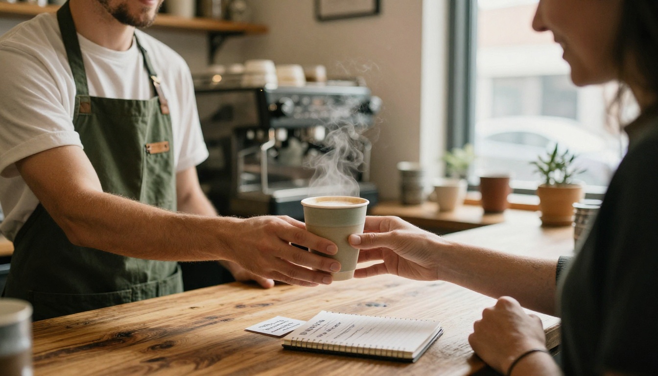 A barista handing a coffee to a smiling regular customer