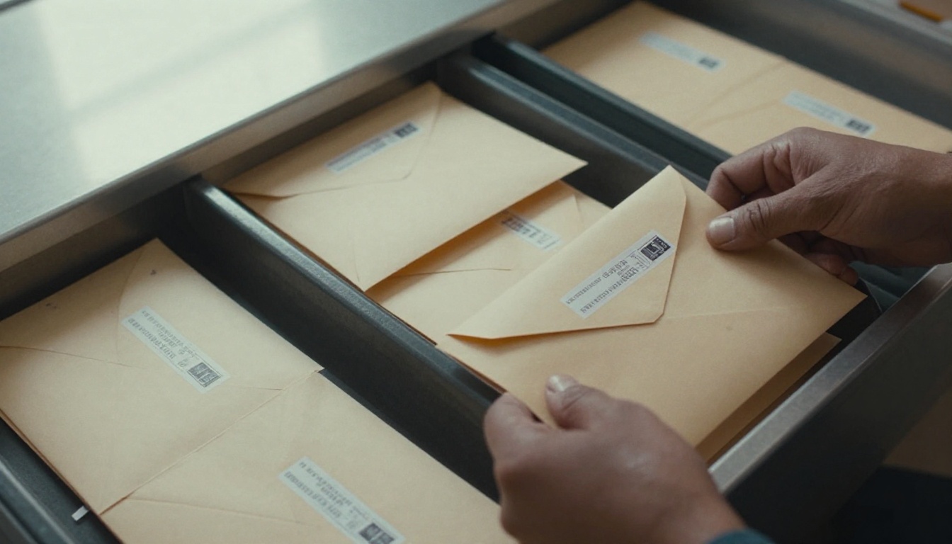 Hands sorting envelopes that carry their own address labels