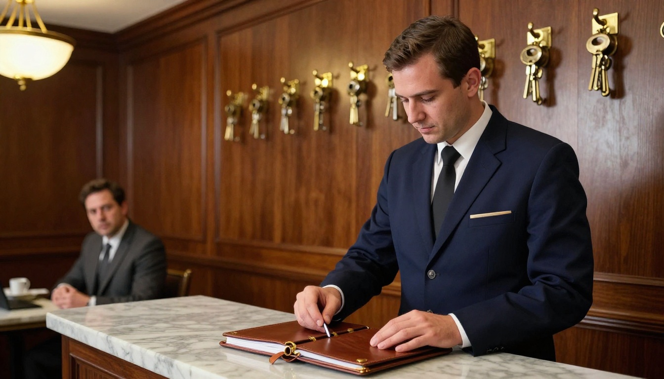 A hotel concierge reading from a thick guest ledger