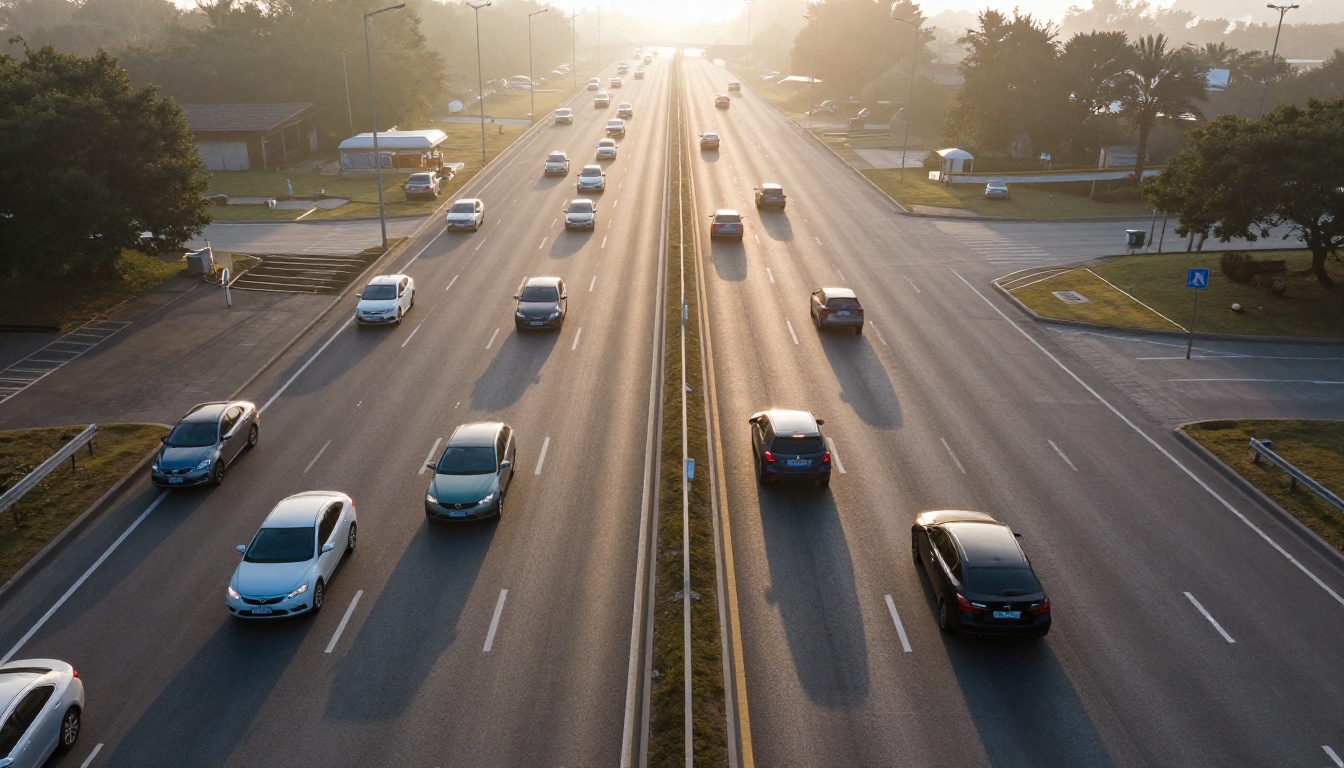 Aerial view of a toll plaza with traffic spread evenly across identical lanes