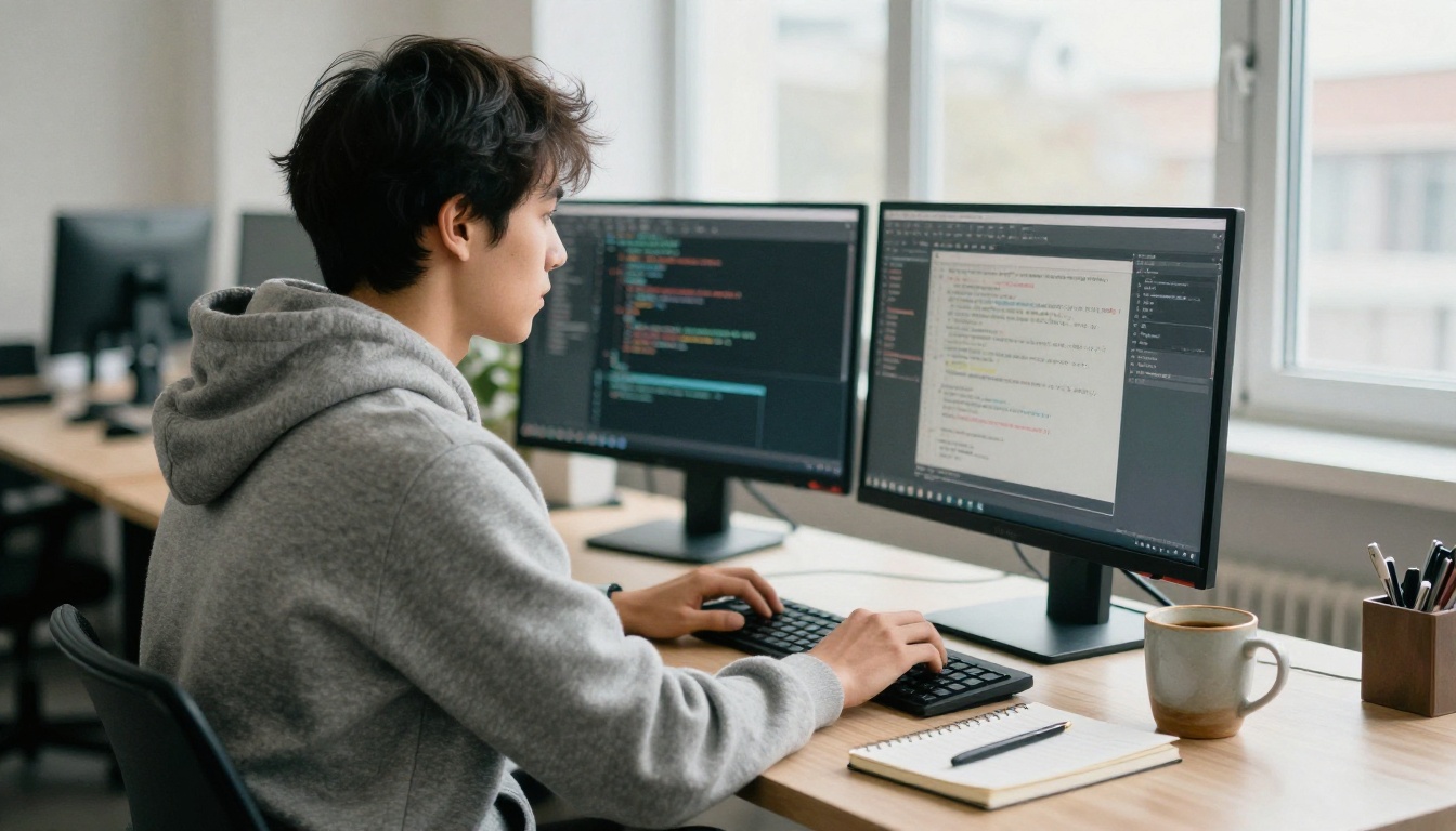 A developer at a standing desk reviewing server code