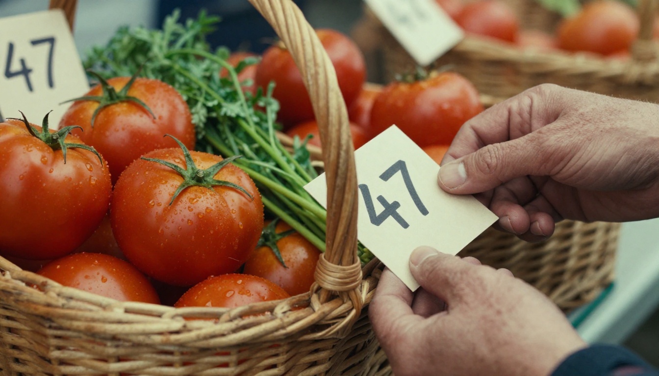 A wicker basket at a market stall with a numbered paper tag on the handle